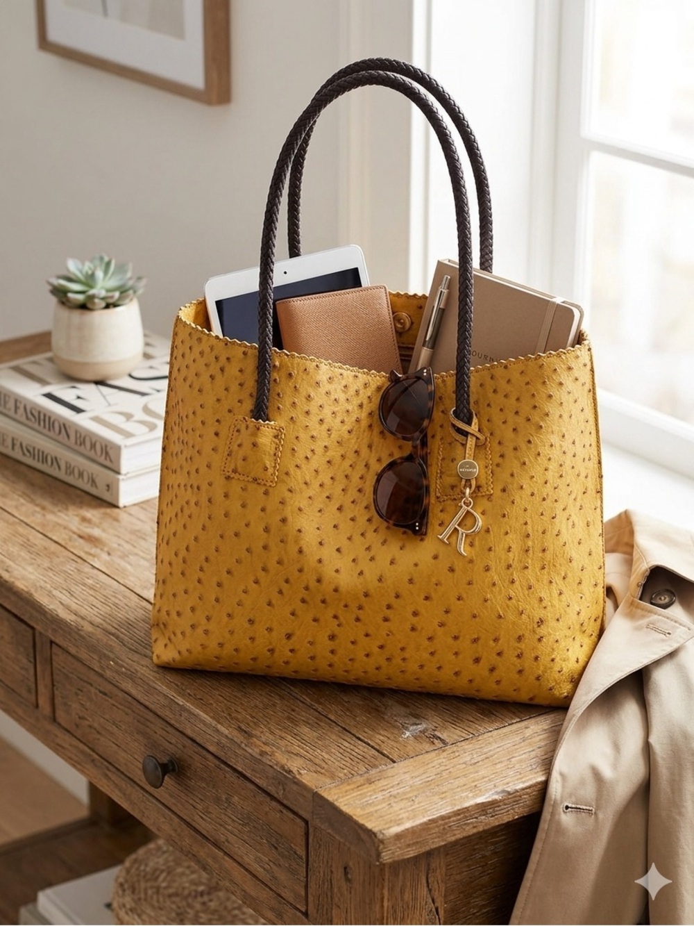 Mustard Yellow Ostrich Vegan Leather Tote Slouchy Hobo Bag